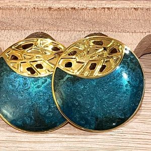 Vintage Like New Edgar Berebi 1” Teal and Gold Round Earring Studs